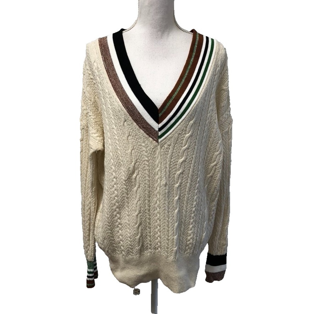 Veronica Beard Cable Knit Sweater Jumper Womens Large Ivory Oversize Preppy
